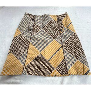Anthropologie Maeve Houndstooth Patchwork A-Line Mini Skirt Size 4 Yellow Brown